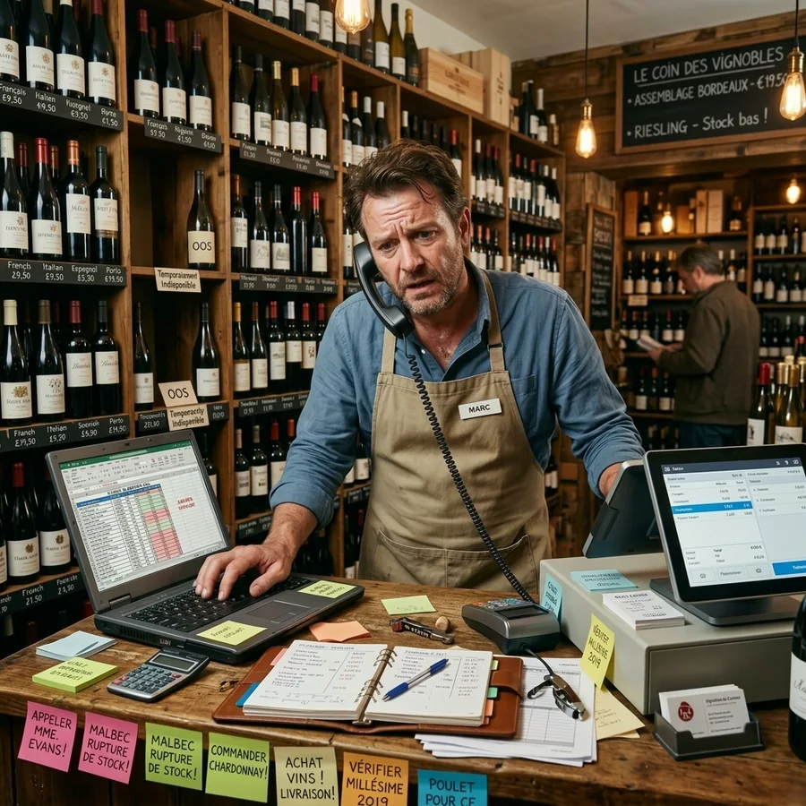 Un caviste au téléphone derrière son comptoir, entre un tableur de stock sur l'ordinateur, une caisse, un agenda papier et des post-it de rappels collés partout.