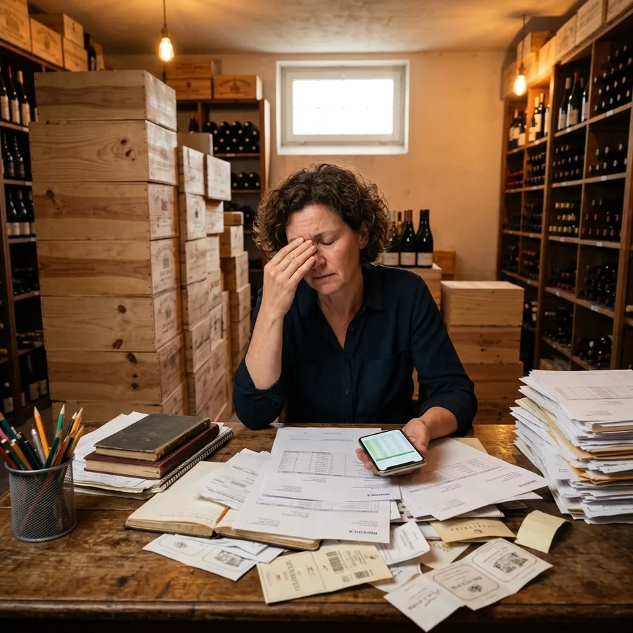 Une caviste dans sa réserve, la main sur le front, un tableur ouvert sur son téléphone au milieu de piles de factures, de bons de livraison et d'étiquettes à recopier.